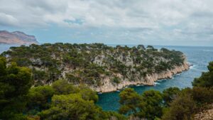 a rocky island with trees and water